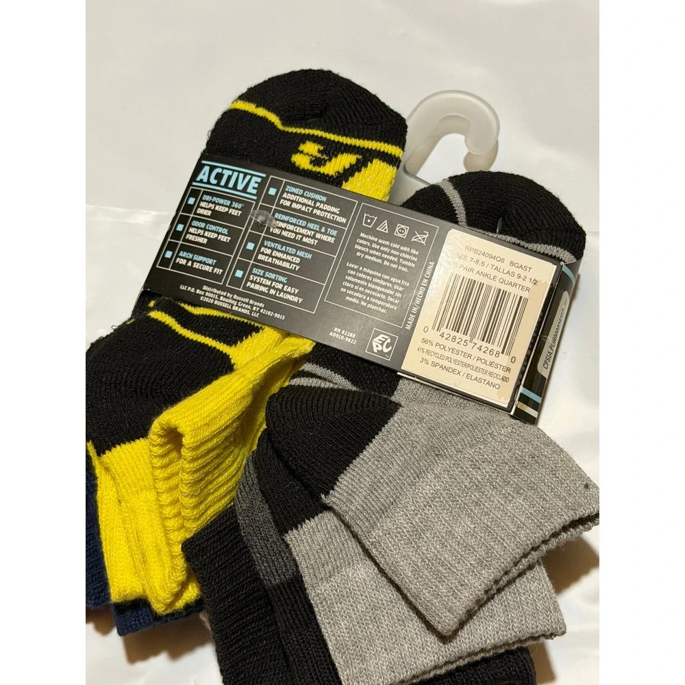 Russell Performance Ankle Socks Multi-Color Active Arch Support 6 Pair M/M Boys
